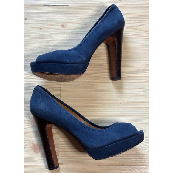 Coach Breana Platform Heels Pumps Shoes Size 8.5 B Blue Suede Peep Toe Heel 5” - Picture 3 of 9